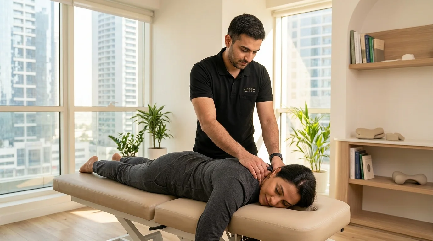 Chiropractic Care Dubai aplicando técnica manual en la columna vertebral