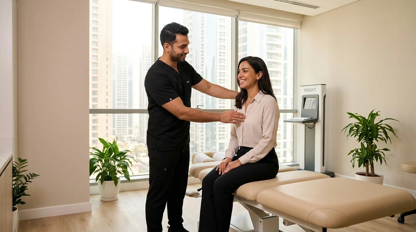 Chiropractic Clinic Dubai doctor assessing patient posture.