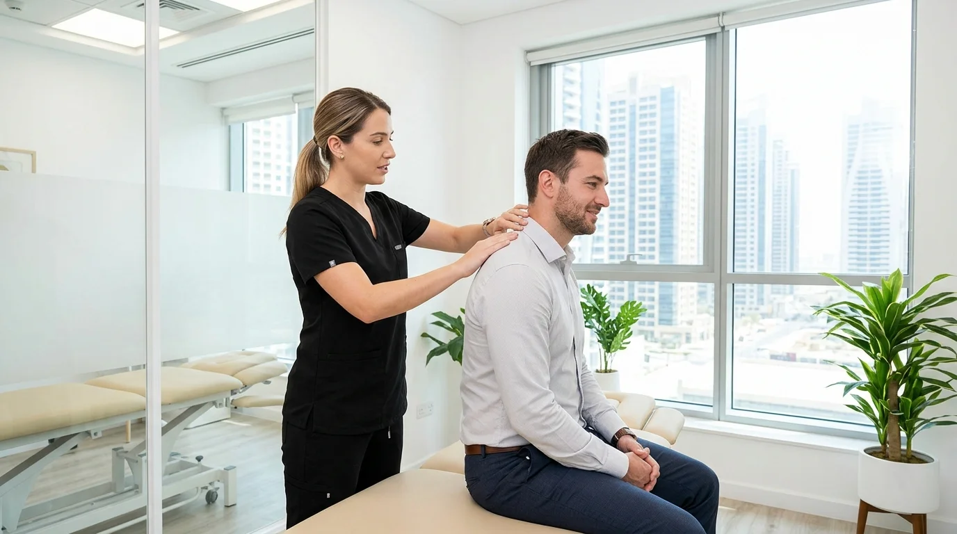Chiropractor Dubai explicando escaneo neurológico en la primera consulta
