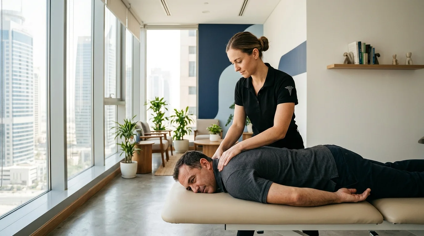 Chiropractor en Dubai examinando la columna vertebral para dolor recurrente