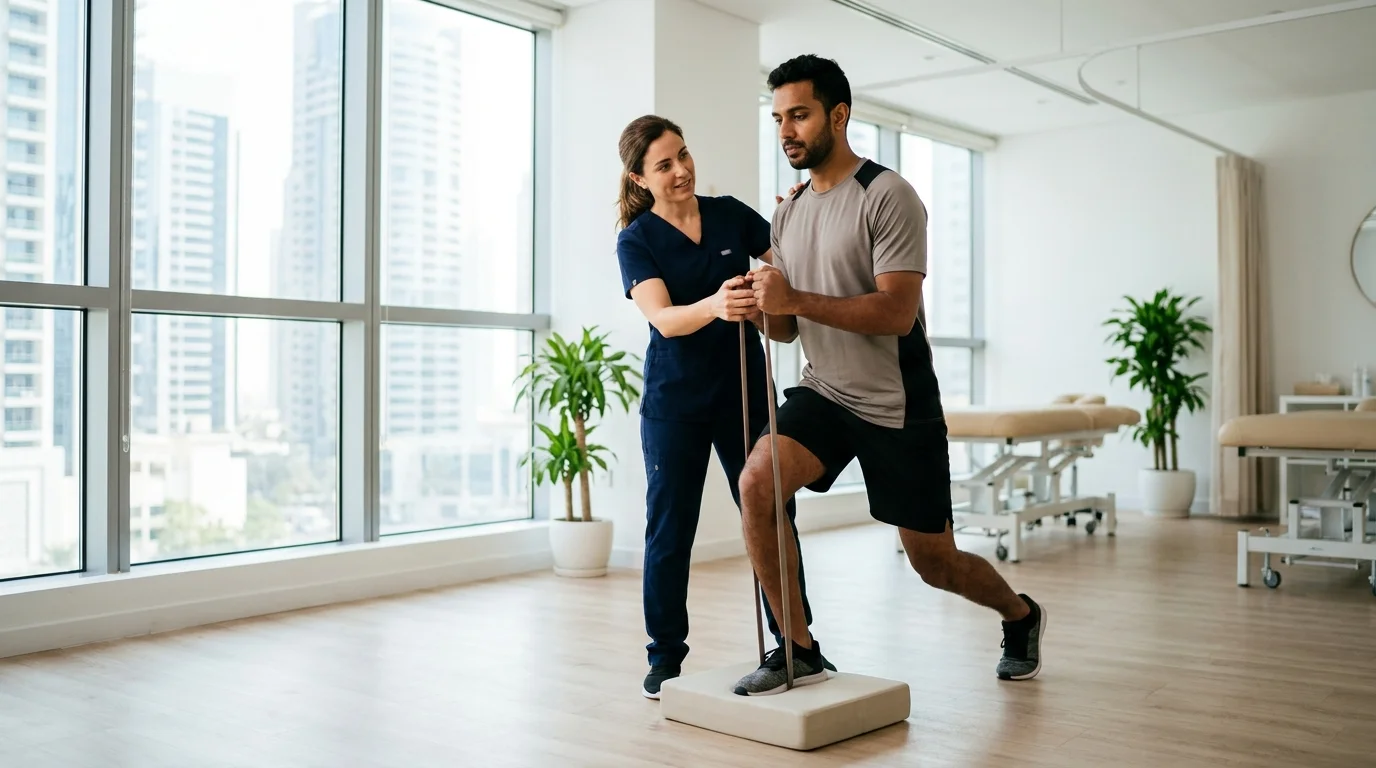 العلاج الطبيعي المتقدم في JLT، أخصائية علاج طبيعي تساعد عضوًا في تمارين التأهيل.