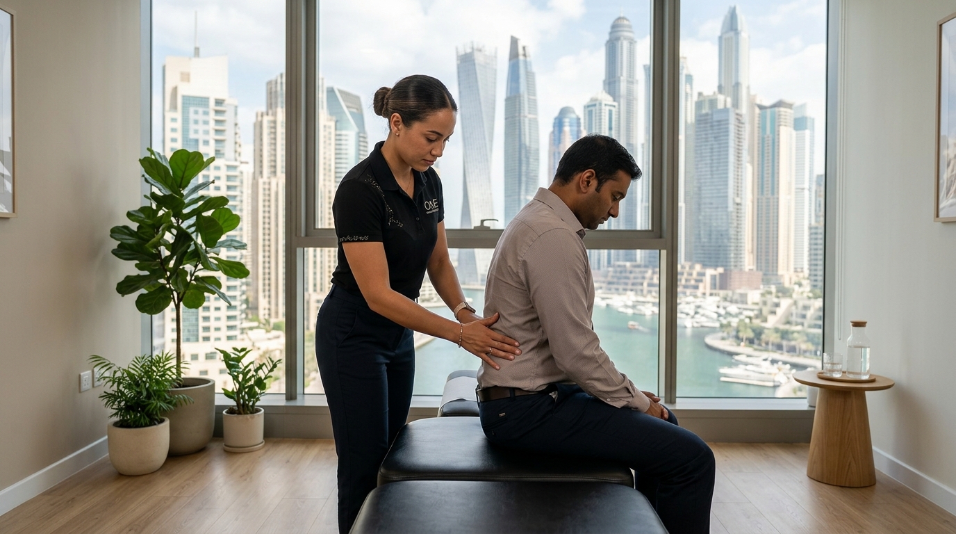 Chiropractor treating lower back pain when sitting at ONE Chiropractic Studio Dubai JLT